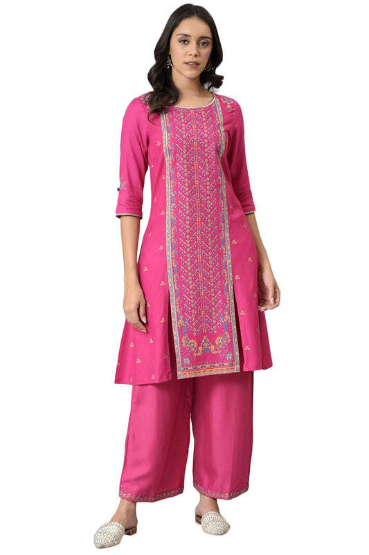 W For Woman Pink Floral Printed Regular Kurta With Metallic Embroidery