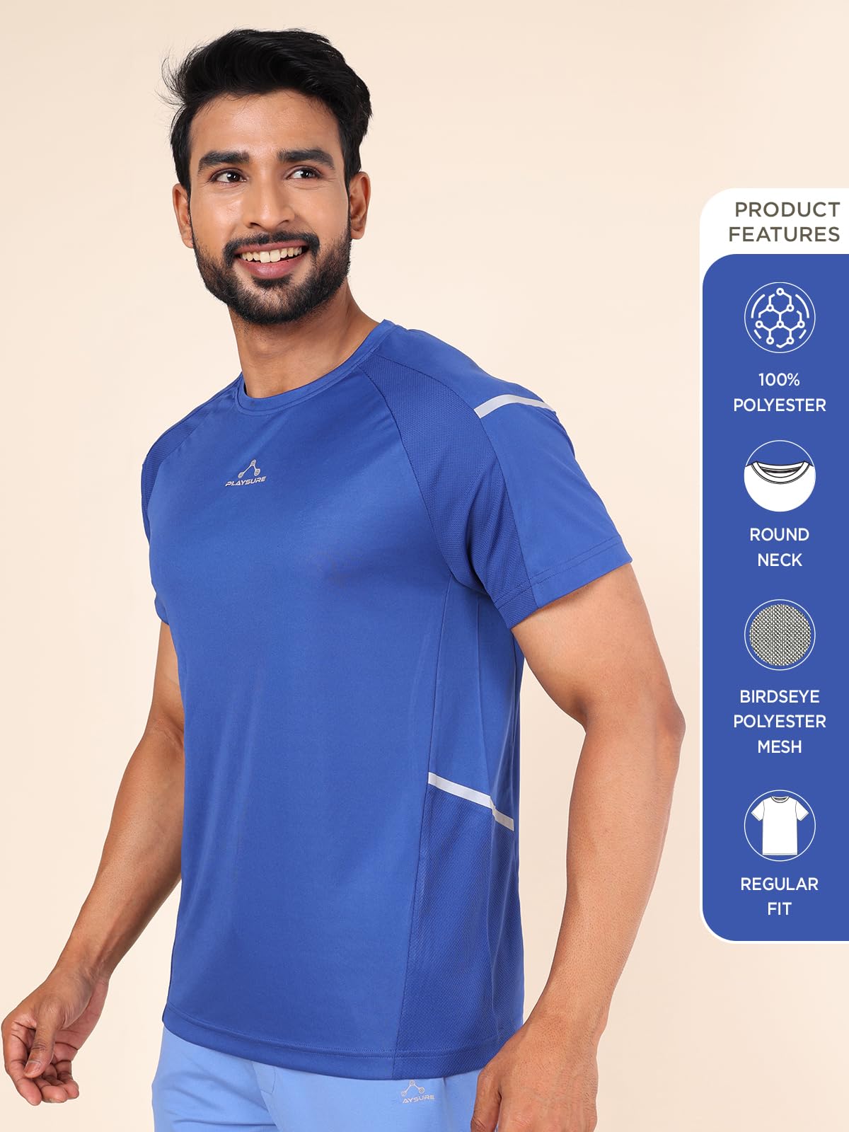 Rupa Colors Mens PLAYSURE Dry FIT Raglan Sleeve Round Neck Activewear T-Shirt | 100% Polyester Fabric | Reflective Logo | Regula