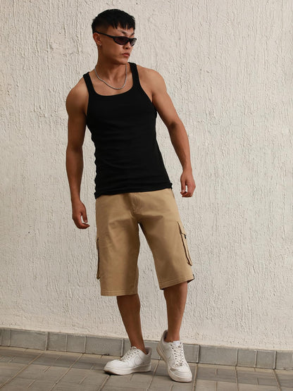 Hubberholme Khaki Cotton Regular Fit Mid-Rise Knee Length Shorts