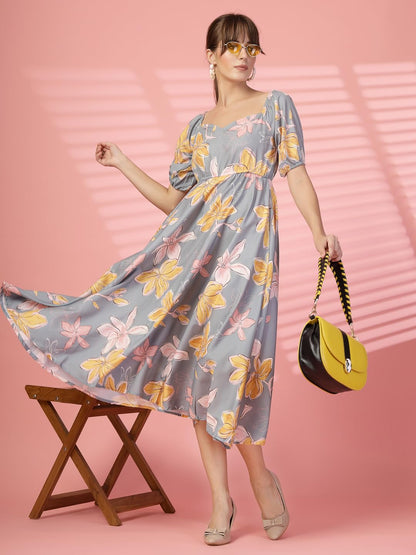 Oomph! Flared Dress For Women Stylish | Long One Piece For Women | Puff Sleeve Long Dress | Floral Print Maxi One Piece | Wester