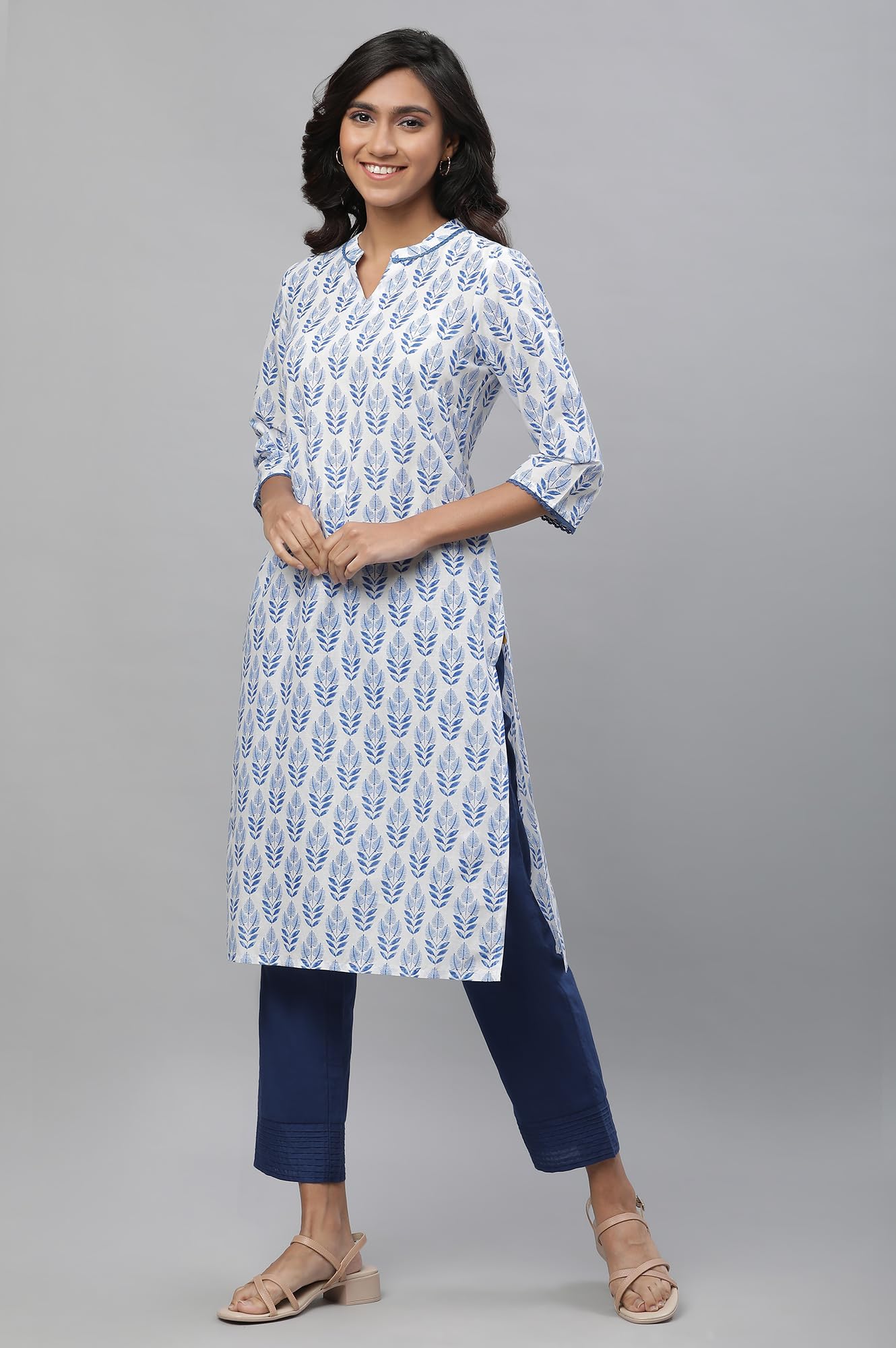 Aurelia White Leaf Print Cotton Long Kurta With Lace