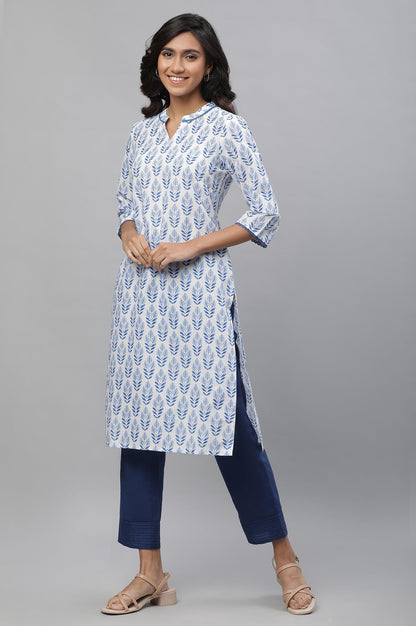 Aurelia White Leaf Print Cotton Long Kurta With Lace