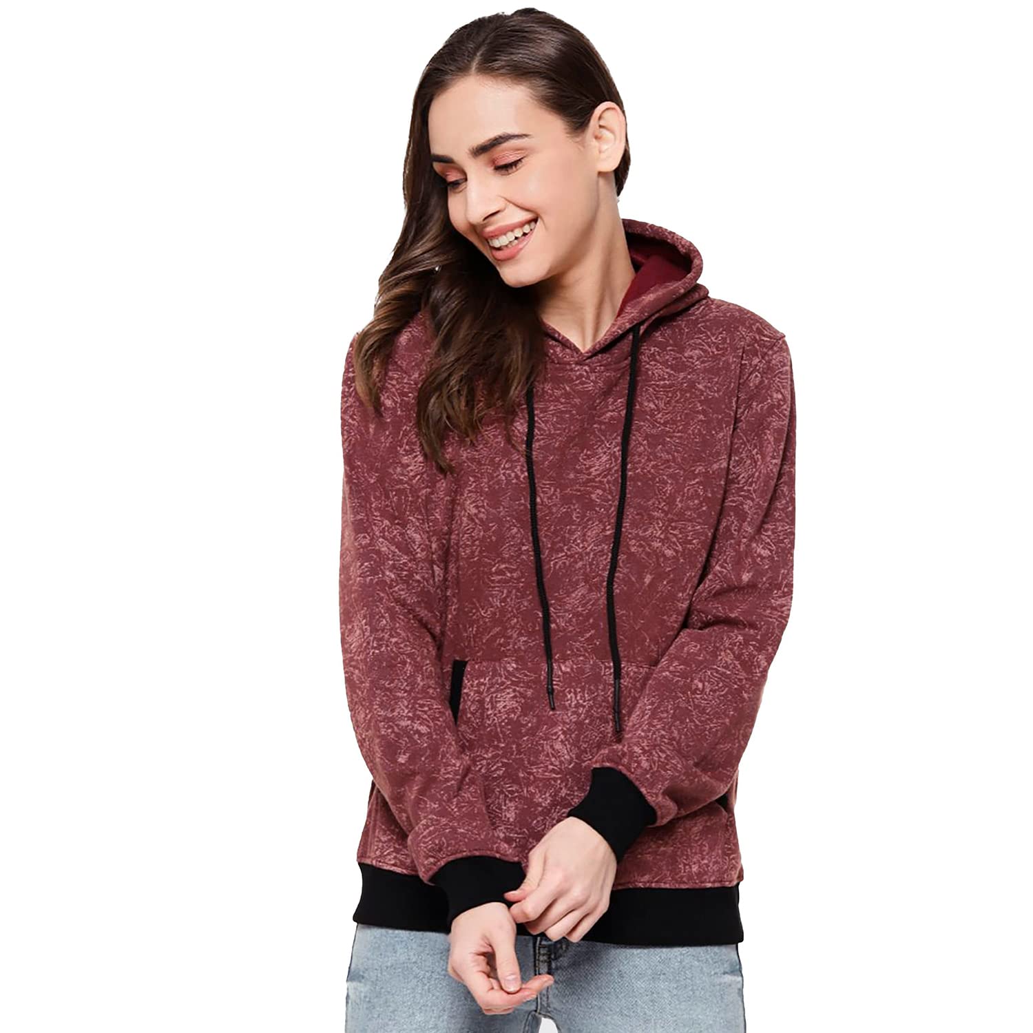Campus Sutra Womens Maroon Textured Sweatshirt With Hoodie Regular Fit For Casual Wear | Cotton Blend Fabric | Trendy Sweatshirt