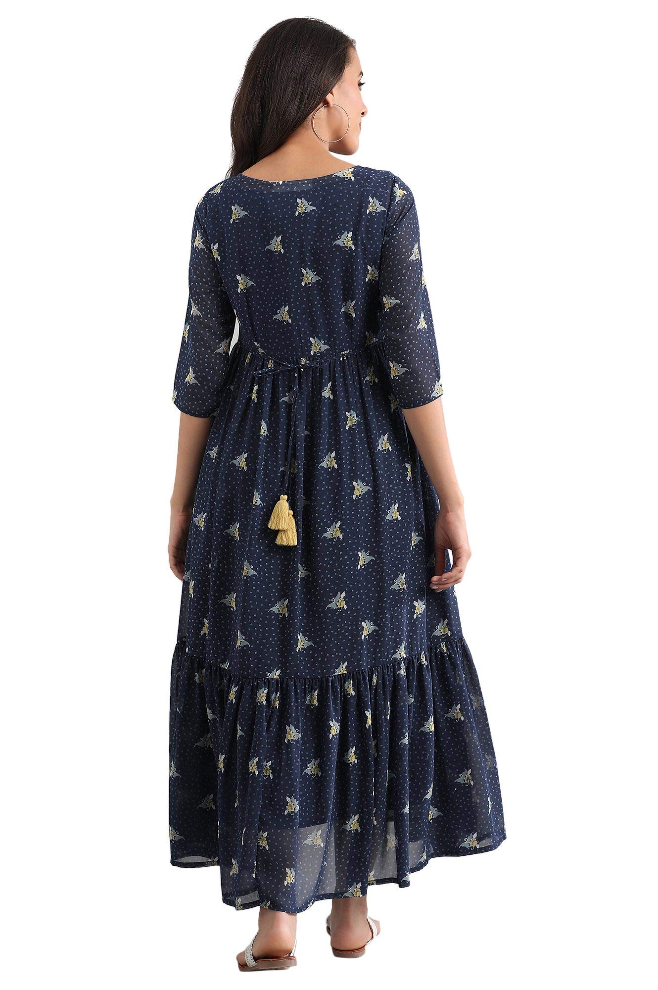 Aurelia Women's Polyester Dark Blue Round Neck Printed Dress Ankle Length