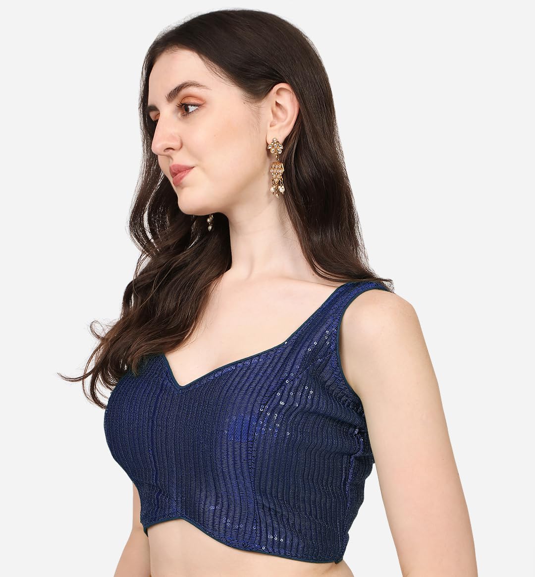Vihu Fashion WomenS Multicolor Sweetheart Neck Georgette Line Soft Sequence Zari Work Sleeves Readymade Saree Blouse (Navy Blue