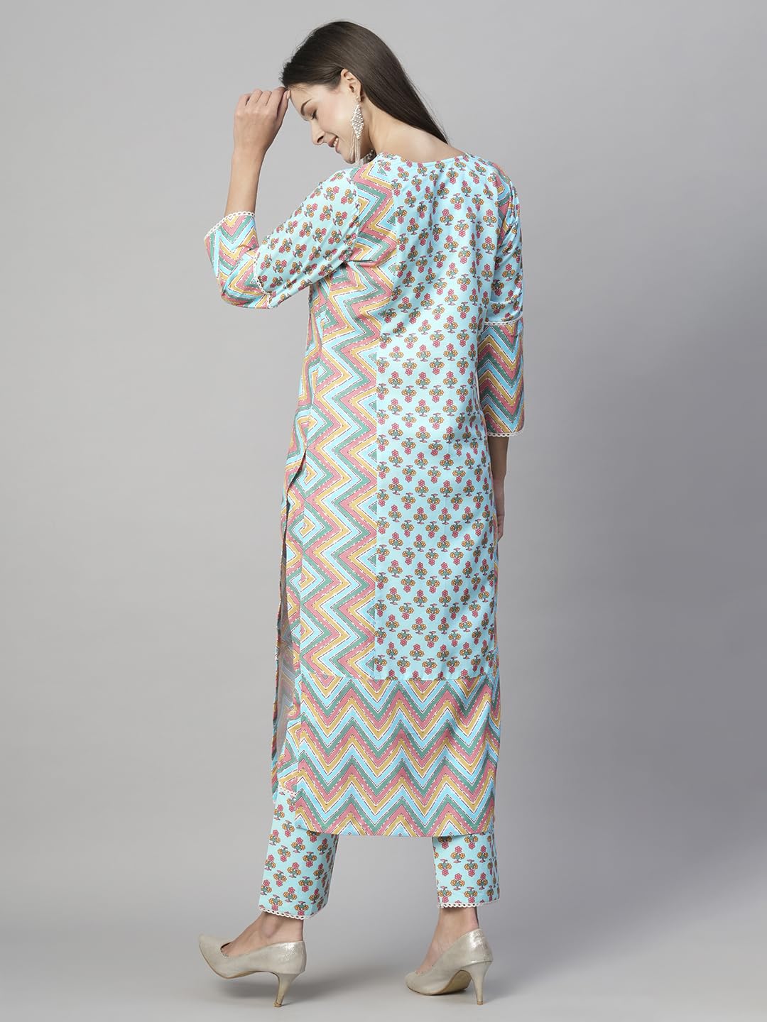 ANNI DESIGNER Women's Cotton Blend Printed Straight Kurta with Pant (RCB-See-Green-NW)