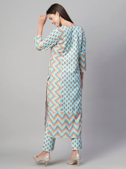 ANNI DESIGNER Women's Cotton Blend Printed Straight Kurta with Pant (RCB-See-Green-NW)