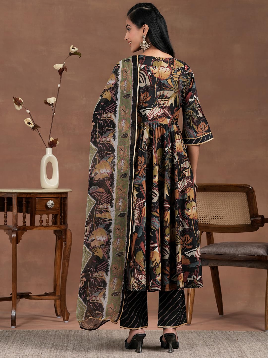 Libas Black Silk Blend Printed Kurta Sets For Women