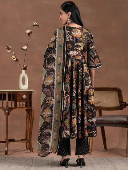 Libas Black Silk Blend Printed Kurta Sets For Women