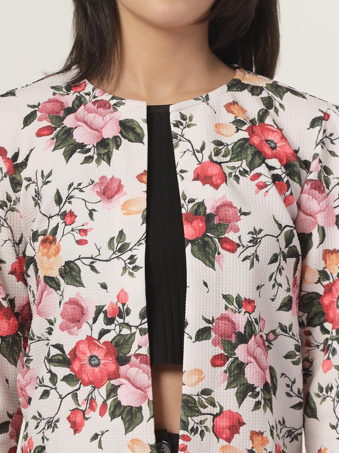 Style Quotient Women Beige Floral Printed Shrug with Puffed 3/4th Sleeves