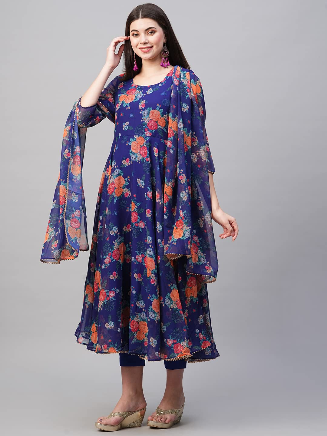 Gosriki WomenS Georgette Anarkali Printed Kurta With Pant & Dupatta (Atasi Blue-Nw02-Gs_L_Blue_Large)