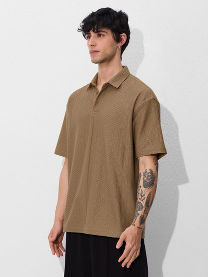 The Souled Store Textured Polo: Cinnamon Men and Boys Short Sleeves Collared Neck Pull On Solid Casual Streetwear Trendy Cotton