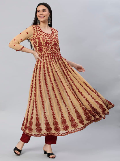 GoSriKi Women's Georgette Chikankari Embroidered Anarkali Kurti (Kari Beige-Nw1-GS)