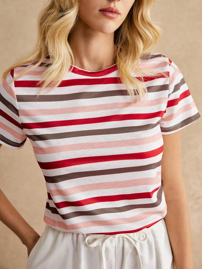 Toochki Tops for Woman | Spandex Top | T-Shirt | Tshirt | Western | for Jeans | Short Sleeve | Stretchable | Striped Printed Red