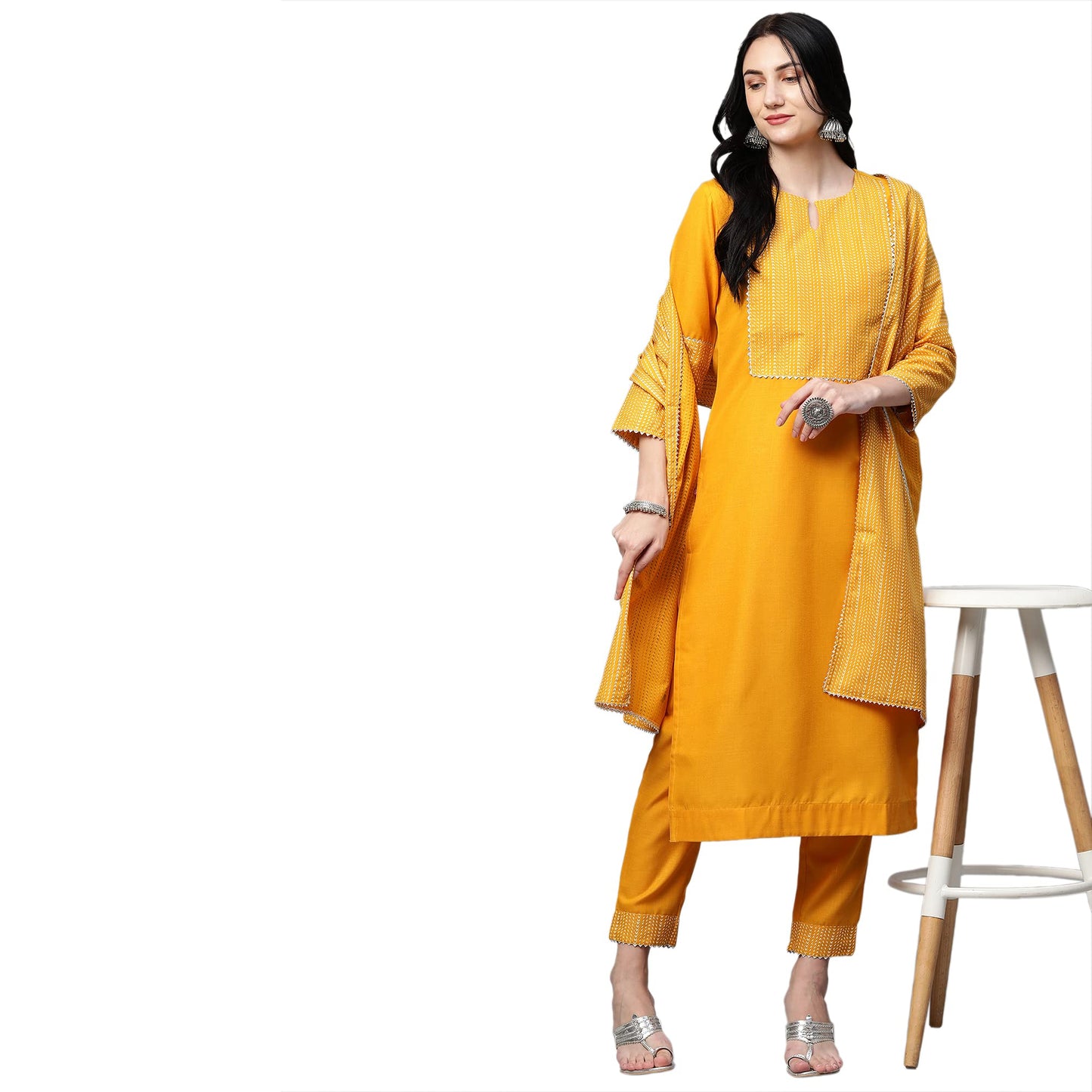 Gosriki WomenS Cotton Kurta With Palazzo & Dupatta (Battery Yellow-Go Large)