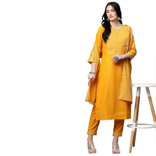 Gosriki WomenS Cotton Kurta With Palazzo & Dupatta (Battery Yellow-Go Large)