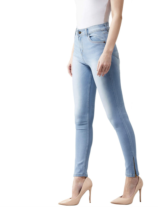 Dolce Crudo Womens Blue Skinny Fit High Rise Clean Look Regular Length Zipper Detailing Scraped Stretchable Denim Jeans(DOAW18D