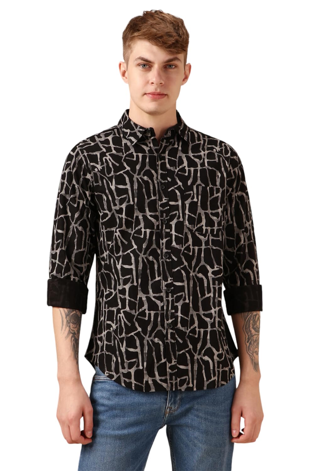 Dennis Lingo Men Black 100% Cotton Full Sleeve Spread Collar Printed Shirts