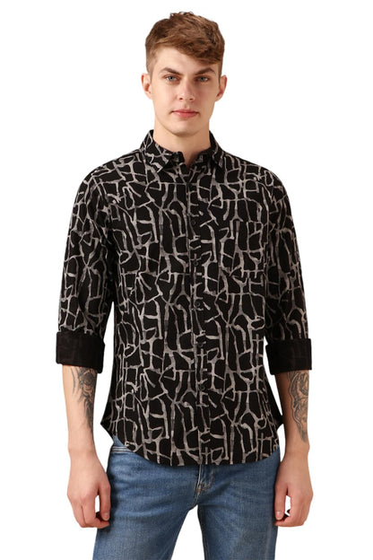Dennis Lingo Men Black 100% Cotton Full Sleeve Spread Collar Printed Shirts
