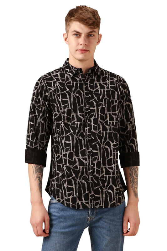 Dennis Lingo Men Black 100% Cotton Full Sleeve Spread Collar Printed Shirts