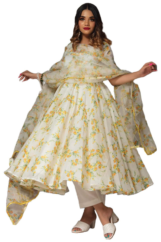 ANNI DESIGNER Womens Organza Floral Printed Anarkali Kurta with Pant & Dupatta (RATNAGIRI-Multi_XXL_White_XX-Large)