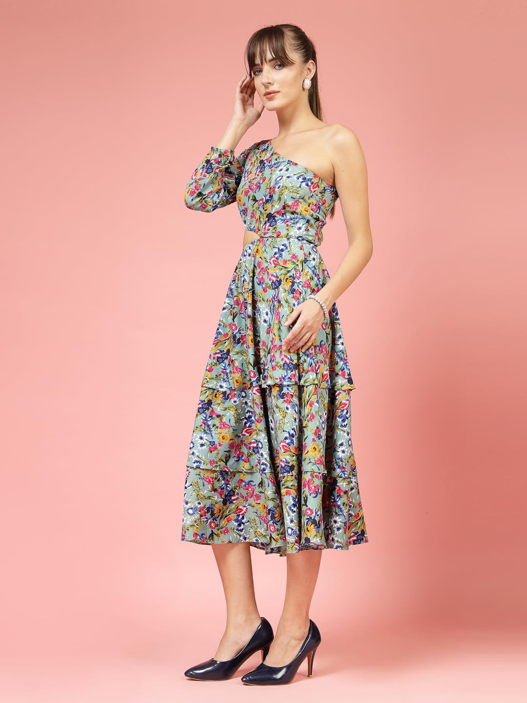 Oomph! WomenS Western & Fusion Wear Printed Crepe Dress For Women, One Shoulder, Blue - Md1068