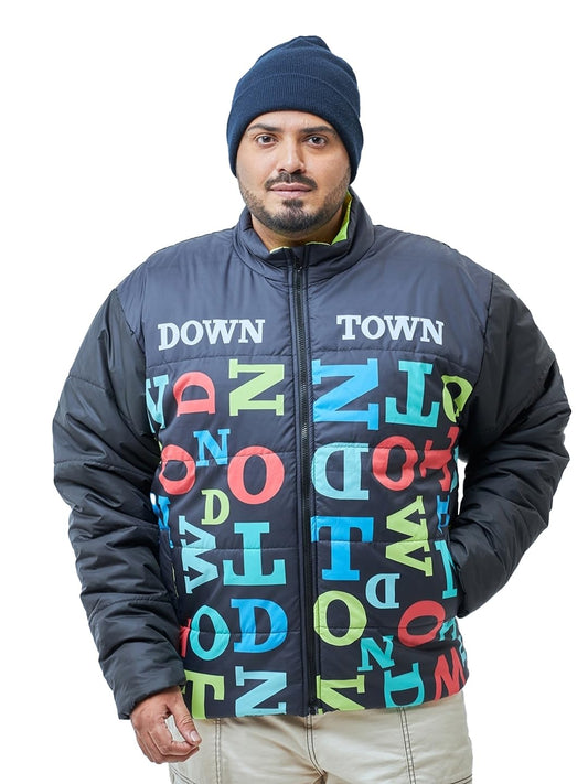 Bewakoof Mens Typography Oversized Full Sleeve High Neck Nylon Plus Size Jacket_597111_Black_4XL
