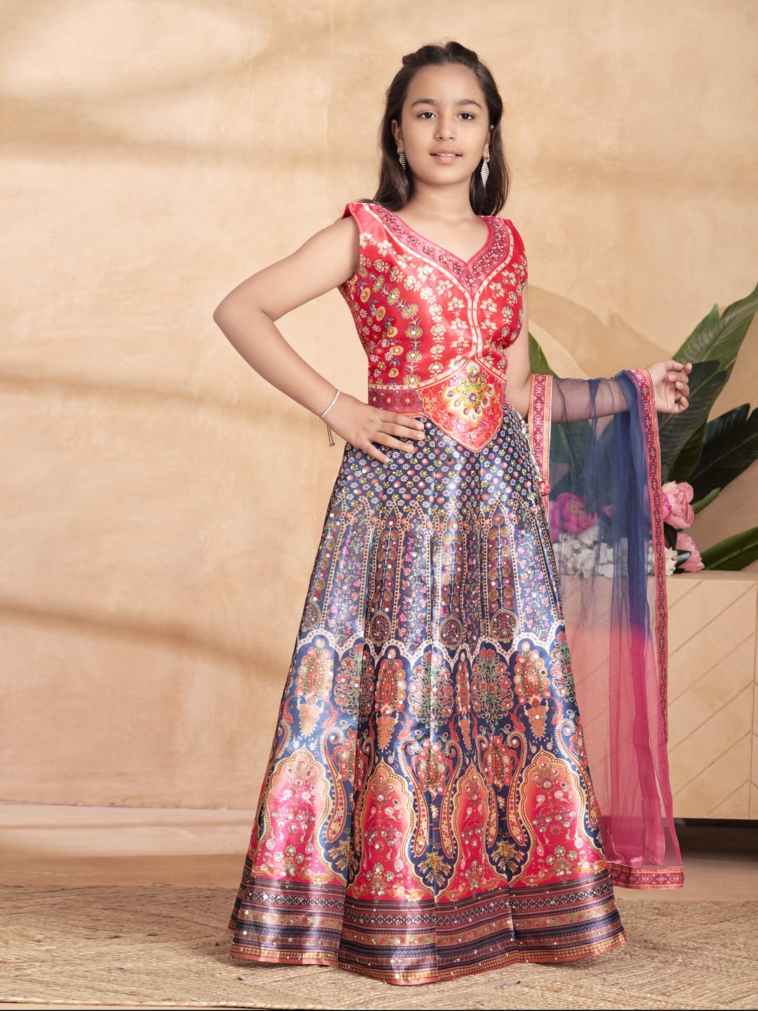 Aarika Girls Ethnic Wear Gajri Colour Floral Print/Embellished Lehenga Choli Set With Dupatta-(6 Months-13 Years)-(LCH-HT-2123-G