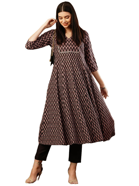 Gosriki WomenS Cotton Blend Anarkali Printed Kurta With Pant (Gaara Black-Fka-Gs_Xxl_Black_Xx-Large)