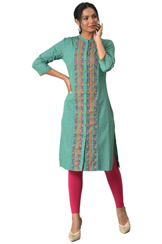 W For Woman Light Green Synthetic Geometric Printed Kurta with Glitter Detail