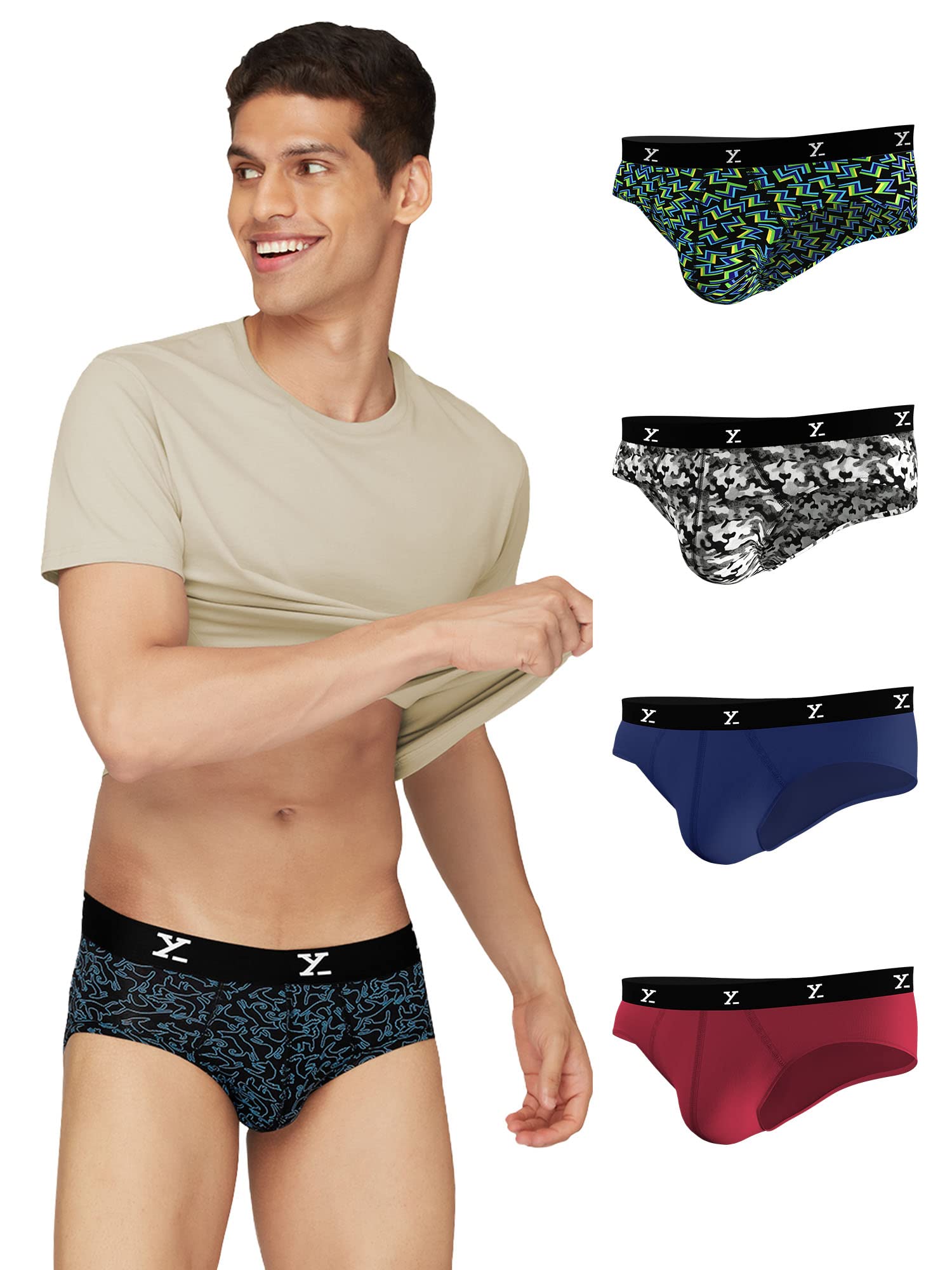 XYXX Mens Underwear Shuffle IntelliSoft Antimicrobial Micro Modal Brief Pack of 5 (Camo Monocrom;Lighting Bolt;Yoga Pet;Twiligh