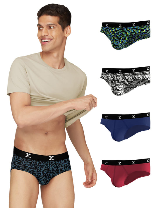 XYXX Mens Underwear Shuffle IntelliSoft Antimicrobial Micro Modal Brief Pack of 5 (Camo Monocrom;Lighting Bolt;Yoga Pet;Twiligh