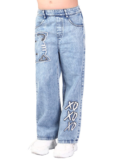 Naughty Ninos Girls Blue Heavy Fade Embroidered Pants