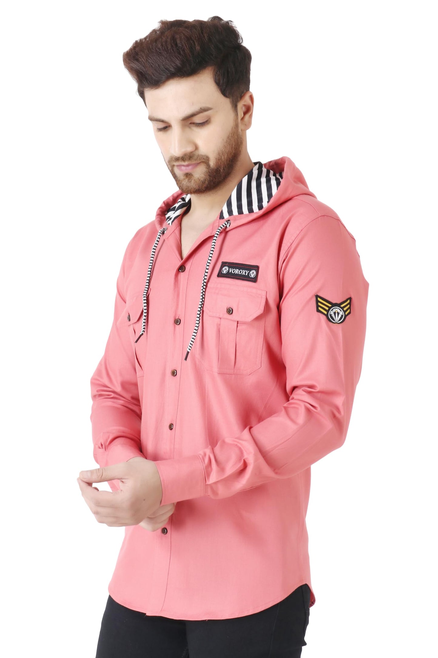 Besix MenS Pink Tailored Fit Cotton Blend Shirt For Man With Hoodie - Casual Long Sleeve Shirt With Pockets - Patch Detail For