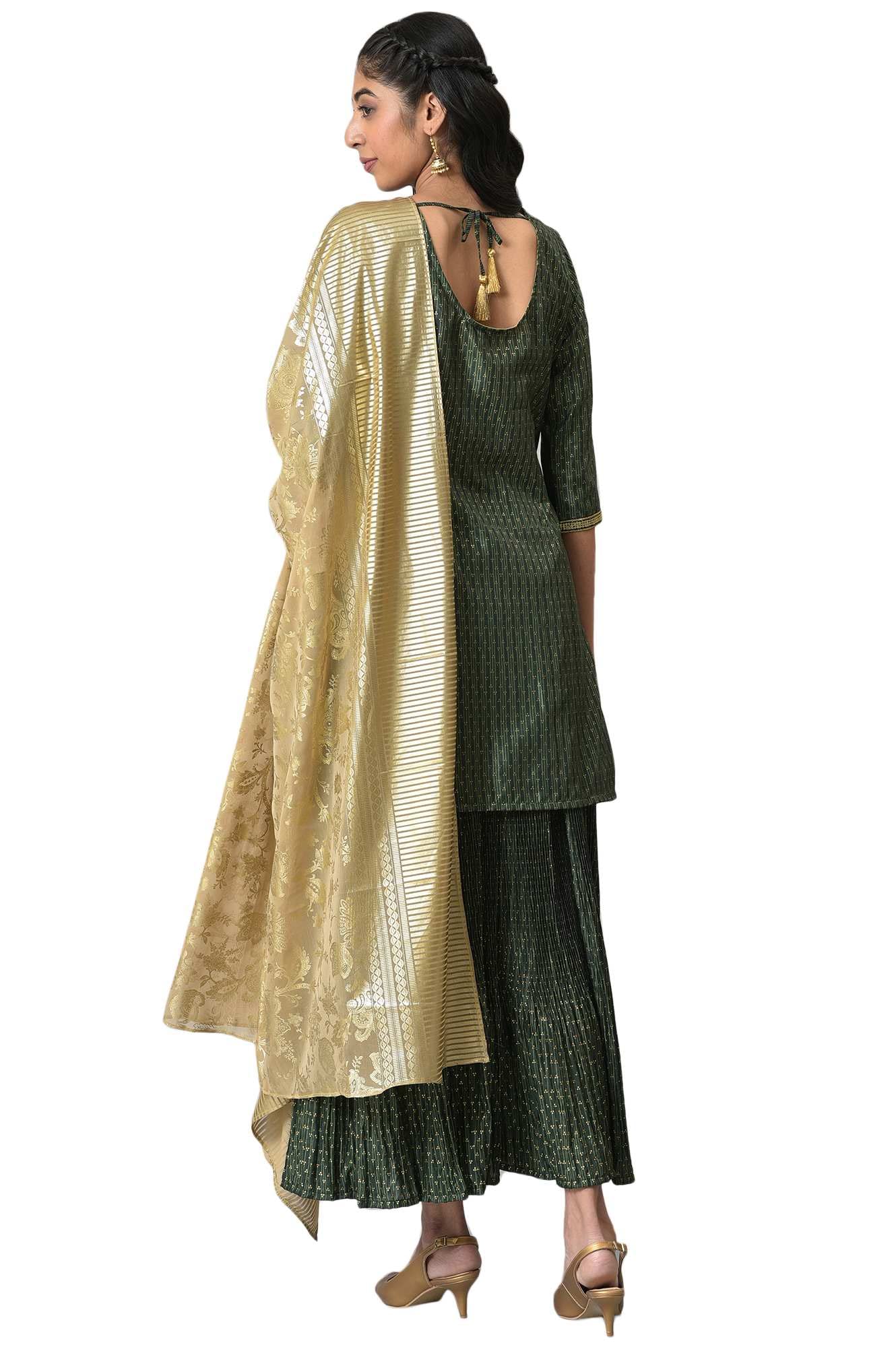 Aurelia Women Green Embroidered Kurta With Flared Skirt And Golden Dupatta
