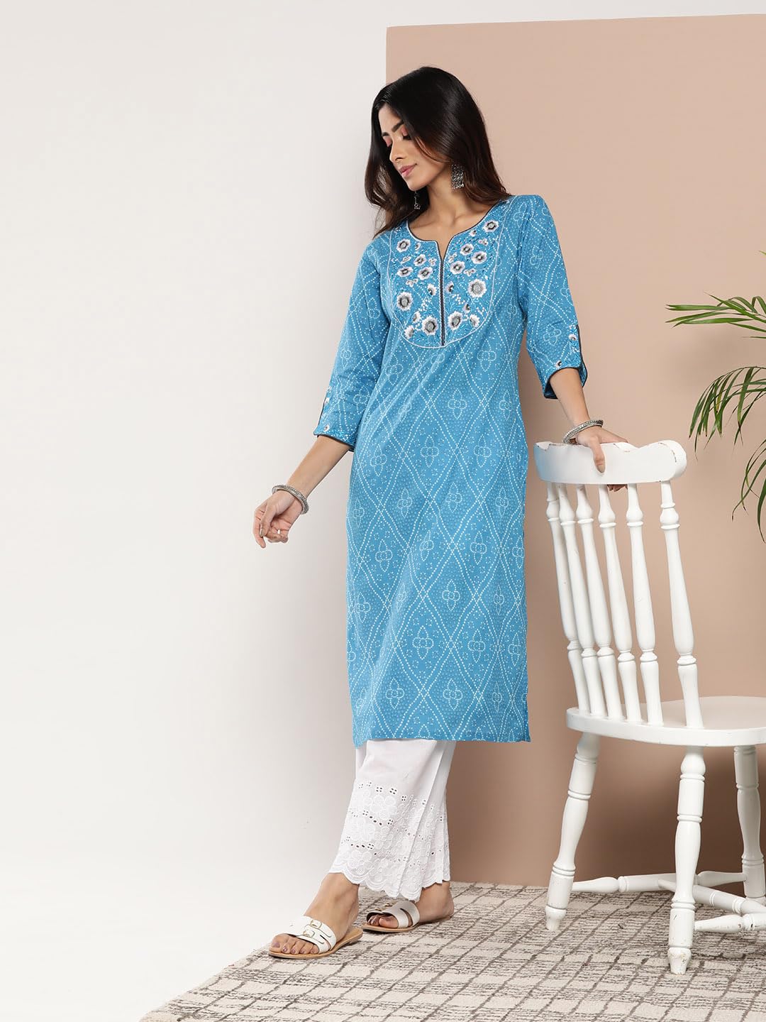 Libas Womens Cotton Yoke Design Straight Kurta (26198_Blue