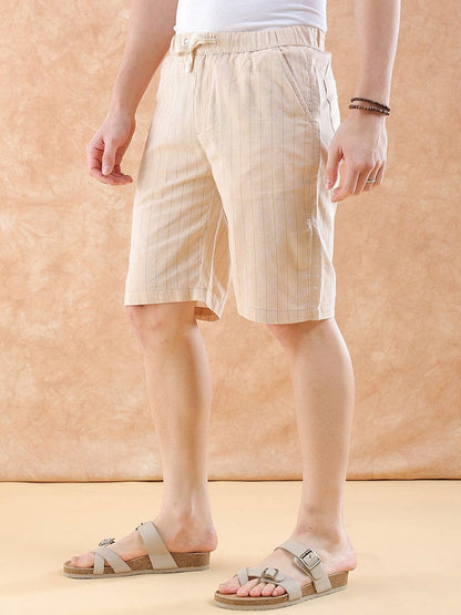 The Indian Garage Co Men Relaxed Fit Vertical Striped Mid-Rise Shorts Beige