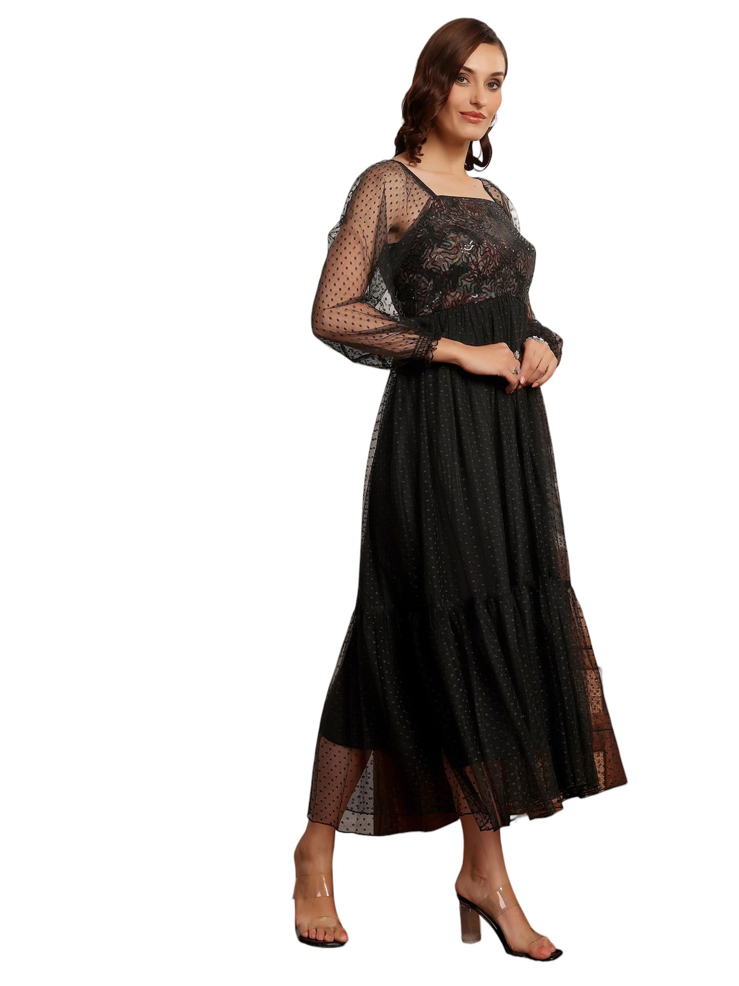 Miss Chase Womens Square Neck Raglan Sleeve Floral Tiemidi Dress (Mcaw25D84-68-328-06, Ink Black, Xl)