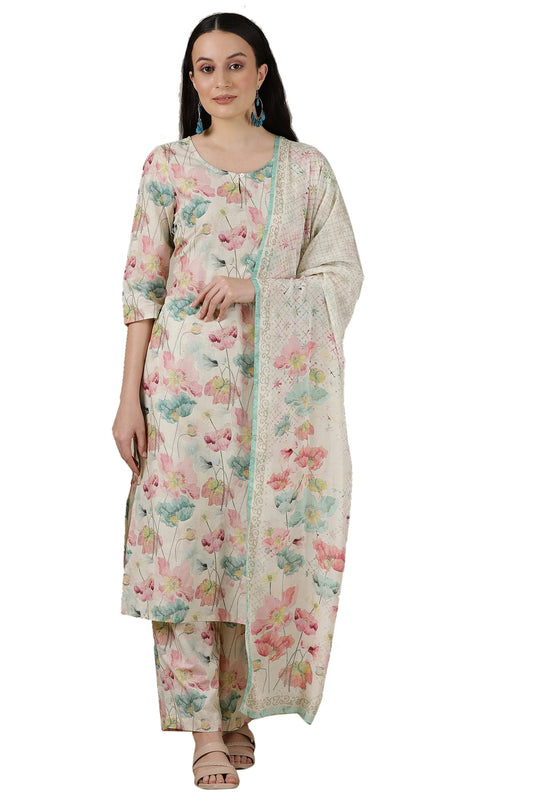Aurelia WomenS Floral Printed Straight Cotton Kurta Set With Palazzos And Dupatta For Women
