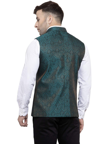 WINTAGE Mens Banarsi Rayon Cotton Bandhgala Festive Nehru Modi Jacket Waistcoat : Green, X-Small