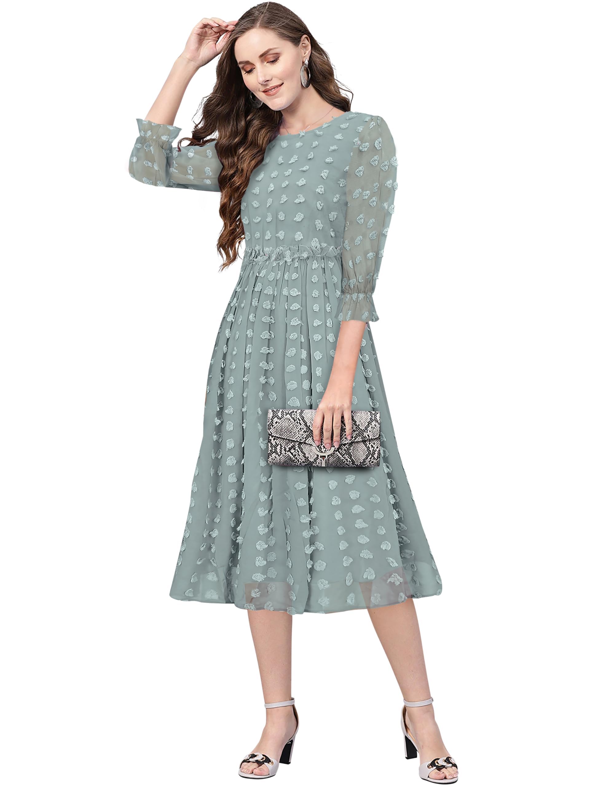 Toochki WomenS Sea Green Dobby Georgette Woven Fit & Flared Western Dress | Dress For Women | A Line Dress | Winter Dress | Wes
