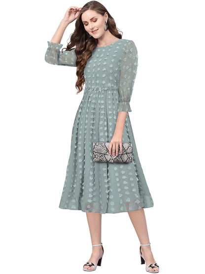 Toochki WomenS Sea Green Dobby Georgette Woven Fit & Flared Western Dress | Dress For Women | A Line Dress | Winter Dress | Wes