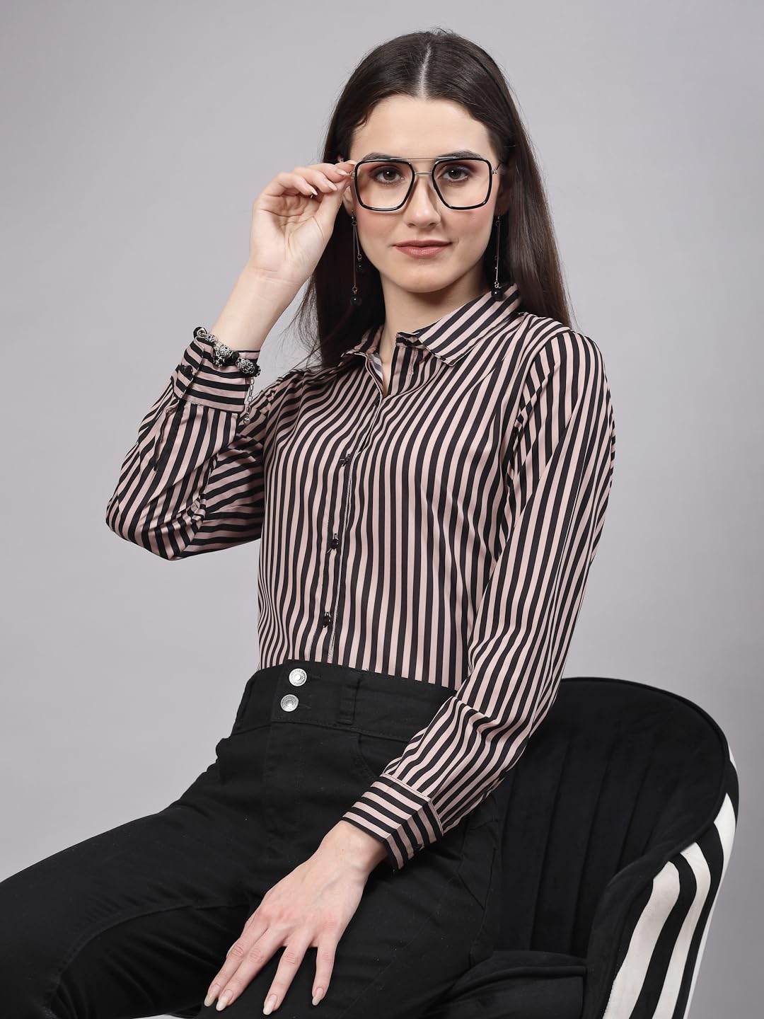 Style Quotient Women Nude and Black Striped Regular Formal Shirt