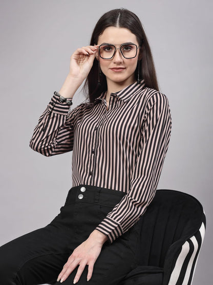 Style Quotient Women Nude and Black Striped Regular Formal Shirt
