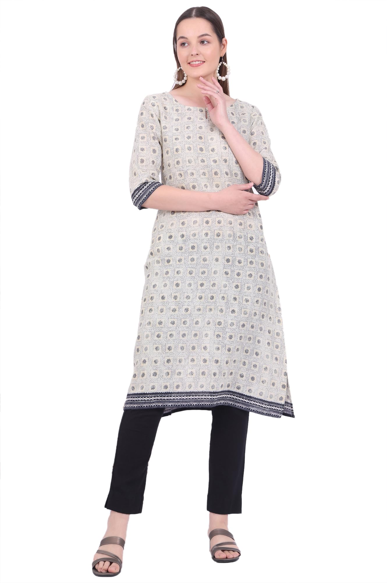 Aurelia Women'S Beige Printed Modal Straight Kurta (Size: M)-A15722-509255