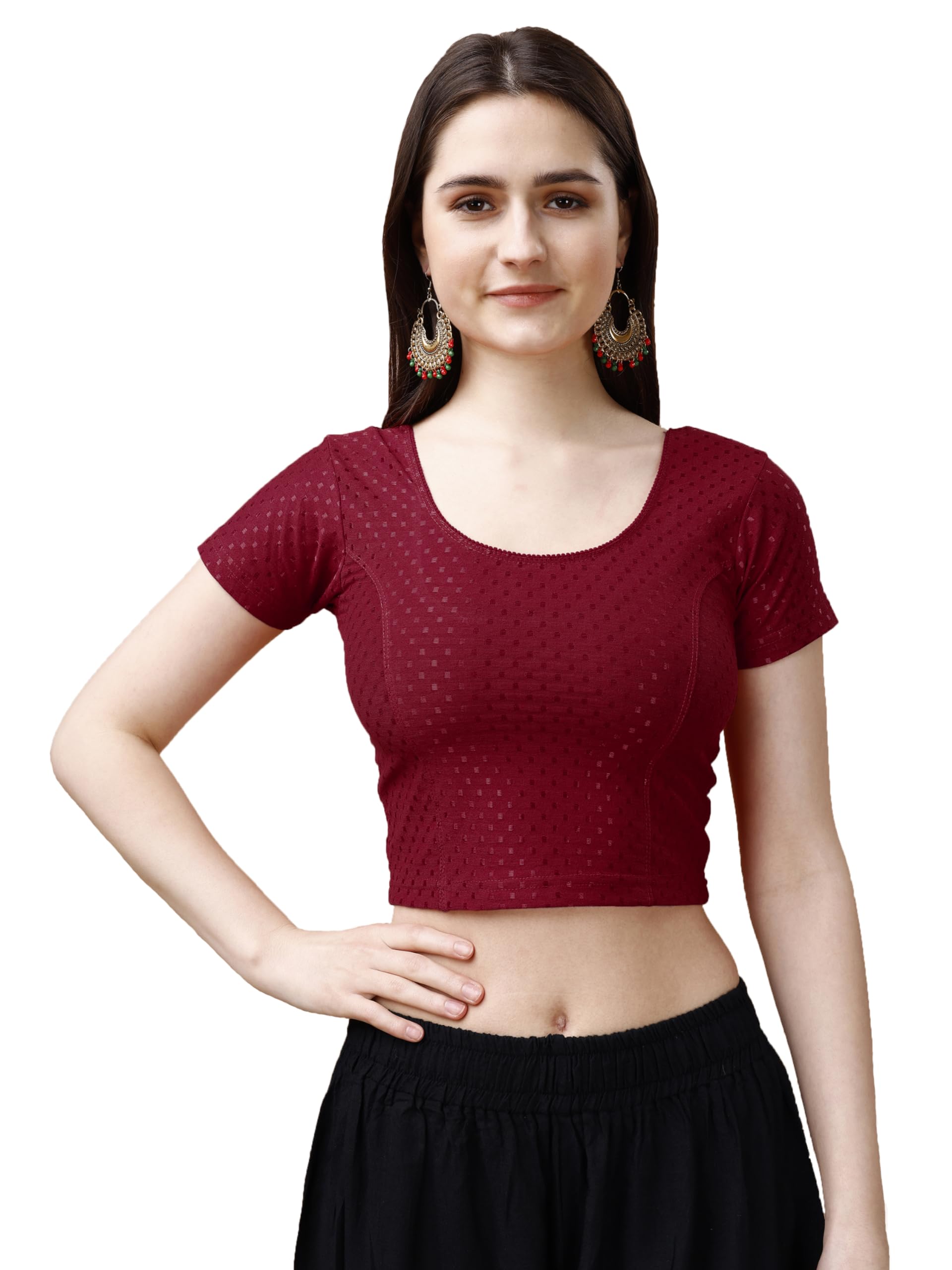 Pujia Mills Womens Readymade Dobby Cotton Lycra Stretchable Round Neck Short Sleeve Blouse Fancy Maroon Color Lycra Stretchable