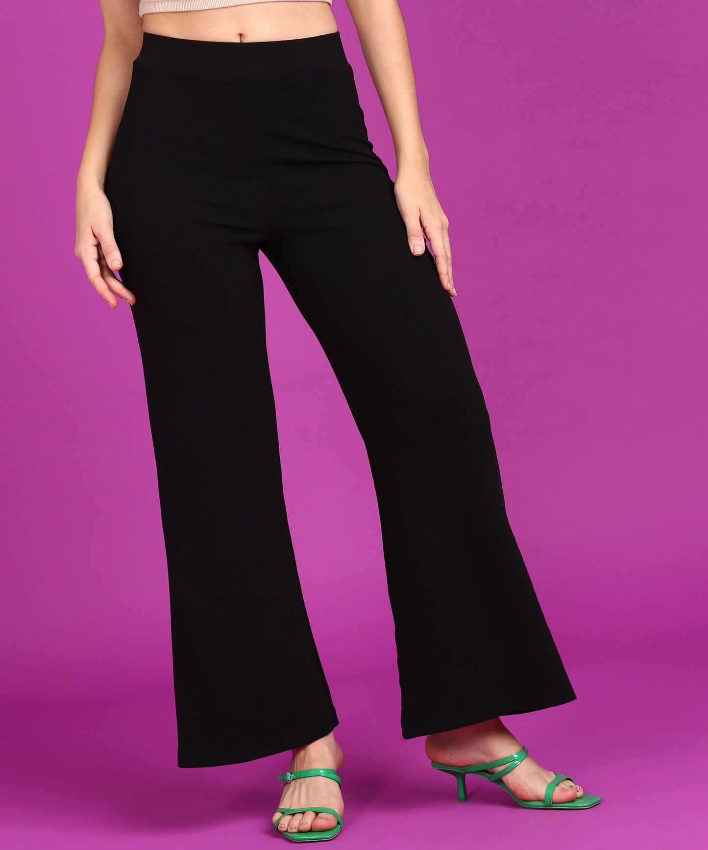 POPWINGS Casual High-Waist Flared Trousers for Women | High-Rise Flared Trousers for Formal Office Wear - Black
