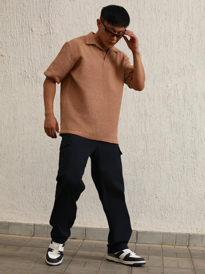 Hubberholme Brown Cotton Short Sleeves Polo Collar Oversized Tshirts
