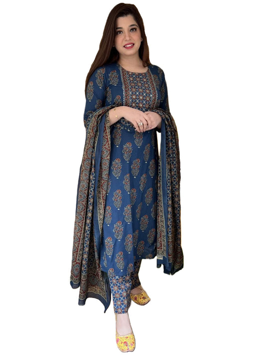 GoSriKi Women's Cotton Blend Straight Printed Kurta with Pant & Dupatta (Patni-GS)