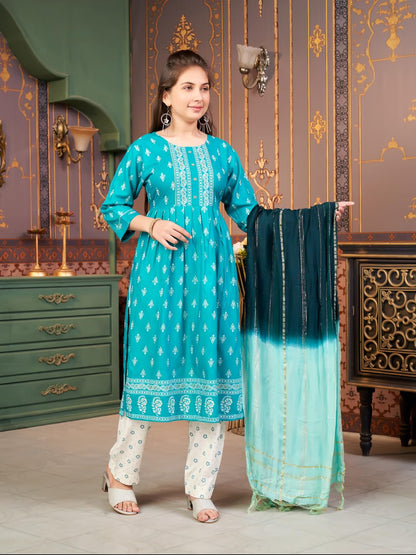 Aarika Girls Ethnic Wear Sea Green-Off White Colour Foil Print Rayon Kurti Pant Set-8-15 Years (Kp-Sd-5889)